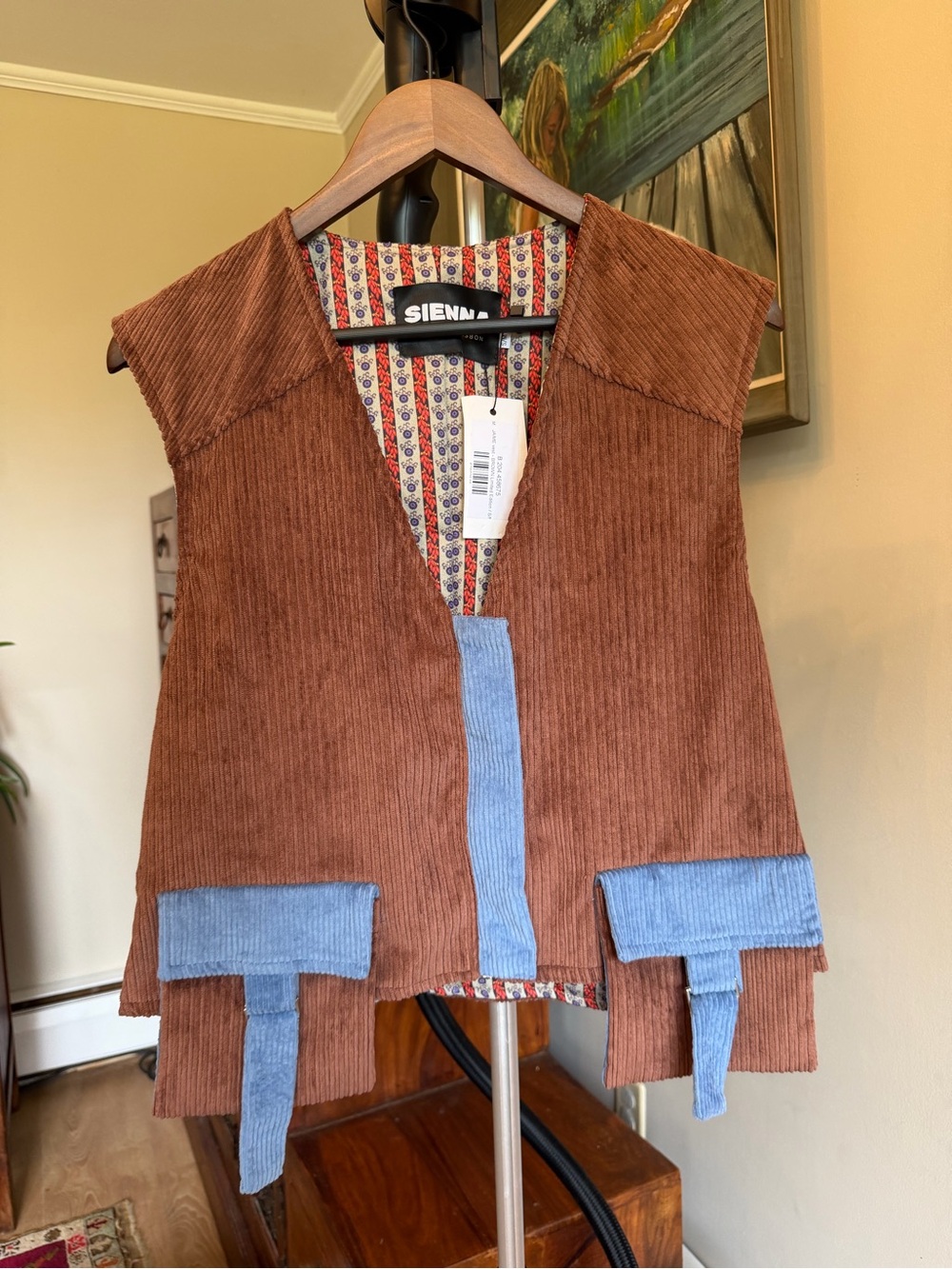 SIENNA Brown Corduroy Vest with Blue Accent Details
